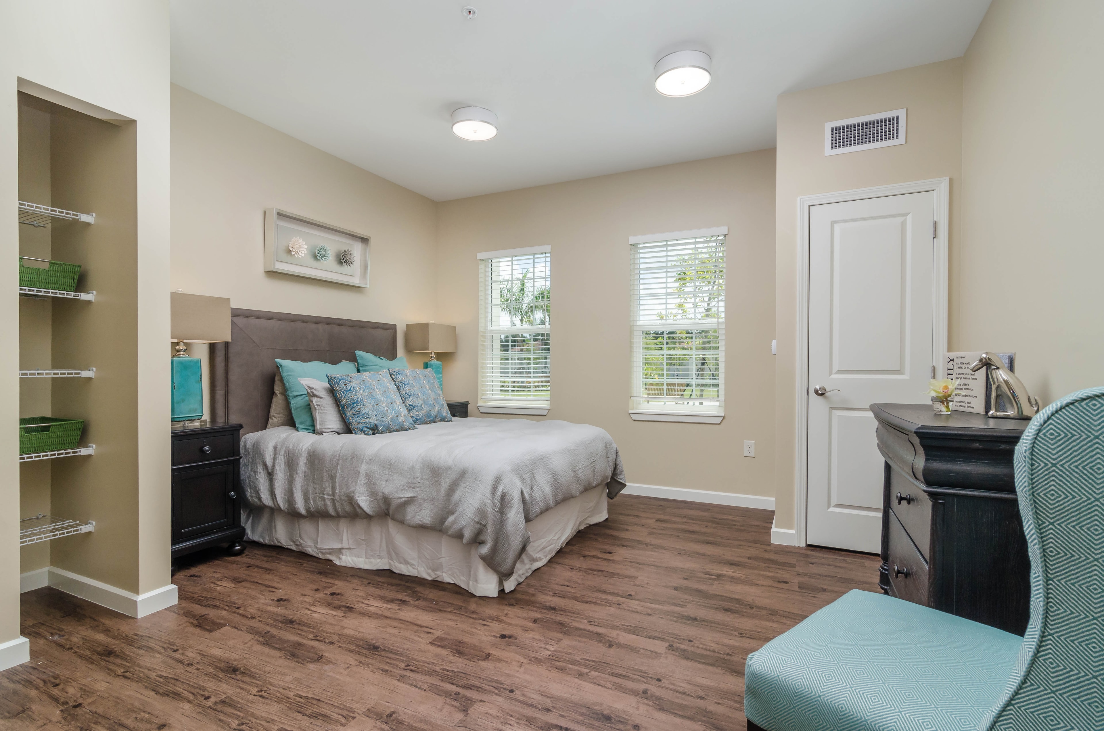 Bedroom with custom built-in shelving